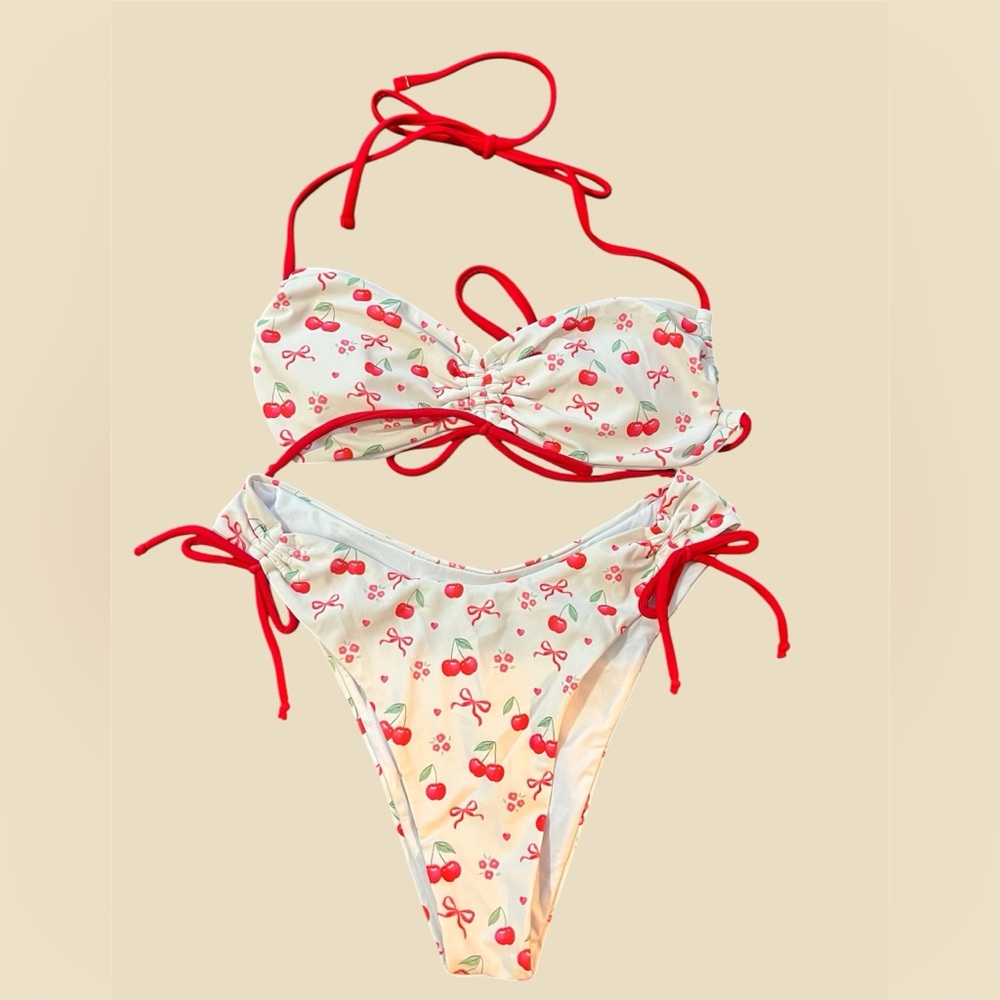 Cherry Print Tie Bikini Set - Red & Cream size s